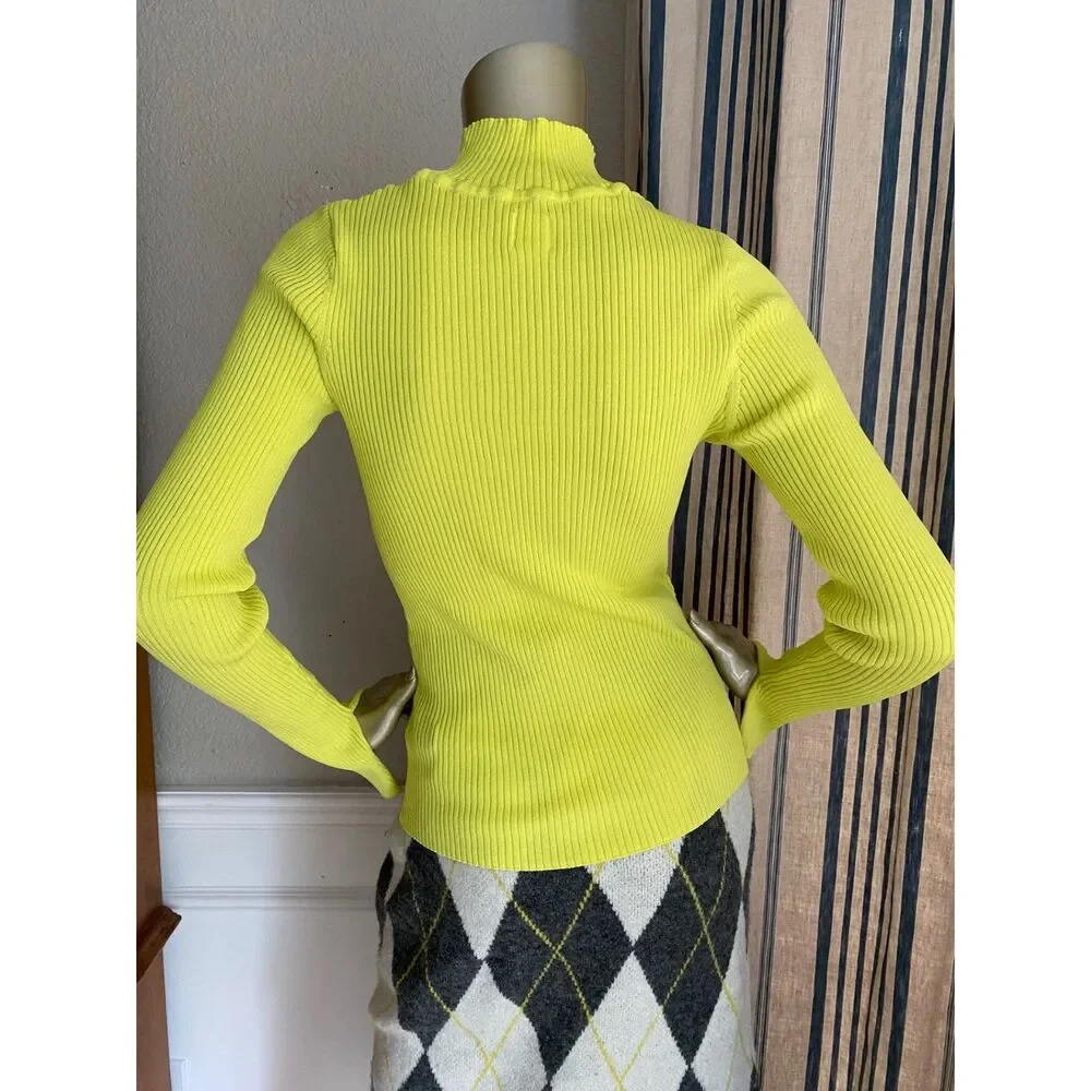 EUC Pringle Logo Yellow Ribbed Knit Mock Neck Sweater M